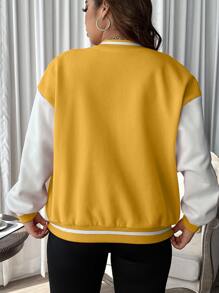 Flirla áo khoác kích thước lớn Đắp vá Nút phía trước Khối Màu Lá thư Giải trí - Màu vàng - Xem 2