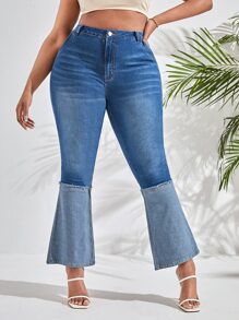 Plus High Waist Colourblock Raw Trim Flare Leg Jeans - Medium Wash - View 4