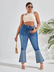 Plus High Waist Colourblock Raw Trim Flare Leg Jeans - Medium Wash - View 1