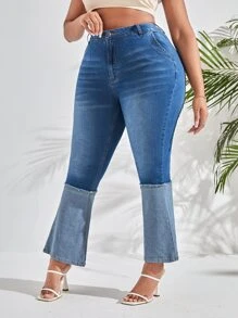 Plus High Waist Colourblock Raw Trim Flare Leg Jeans - Medium Wash - View 6