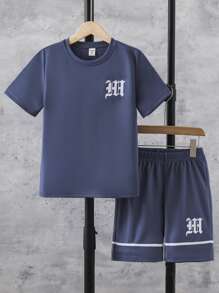 Boys Letter Graphic Tee & Track Shorts - Blue - View 1