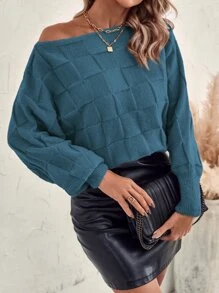 SHEIN Clasi Suéter de punto con mangas de murciélago y textura para otoño e invierno - Agua verde azul - Ver 3