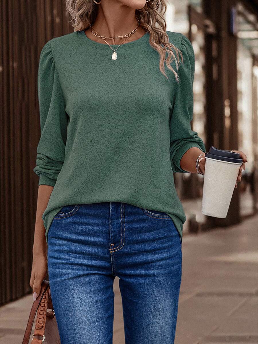 SHEIN Clasi Solid Puff Sleeve Tee - Army Green - View 1