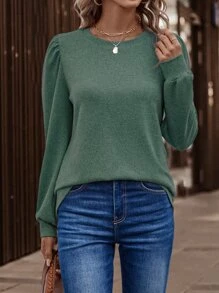 SHEIN Clasi Solid Puff Sleeve Tee - Army Green - View 3