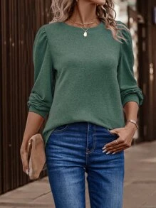 SHEIN Clasi Solid Puff Sleeve Tee - Army Green - View 4