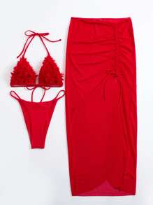 SHEIN Swim 2025 Vacation Minimalist Solid Color 3D Floral Decor Bikini Red Two Pieces Dress Beach Red Skirt Set Summer - Red - View 4