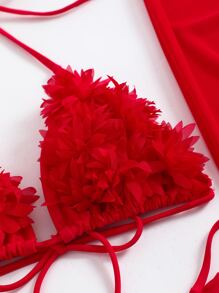 SHEIN Swim 2025 Vacation Minimalist Solid Color 3D Floral Decor Bikini Red Two Pieces Dress Beach Red Skirt Set Summer - Red - View 5