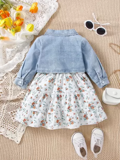 SHEIN Vintaside Kids Baby Girl Flap Pocket Denim Jacket & Floral Print Ruffle Hem Cami Dress
