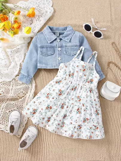 SHEIN Vintaside Kids Baby Girl Flap Pocket Denim Jacket & Floral Print Ruffle Hem Cami Dress