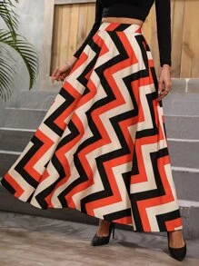 SHEIN Unity High Waist Chevron Print Flare Skirt - Multicolor - View 3