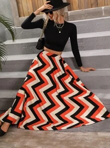 SHEIN Unity High Waist Chevron Print Flare Skirt - Multicolor - View 6