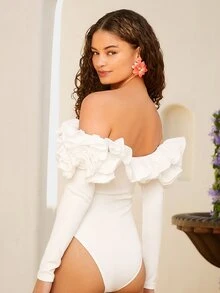 SHEIN VCAY 一字肩荷葉邊褶邊連體衣 - 白色 - 查看 2