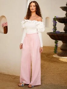 SHEIN VCAY 一字肩荷葉邊褶邊連體衣 - 白色 - 查看 4