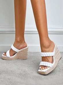 編織細節雙帶草編坡跟鞋涼拖 - 白色 - 查看 1