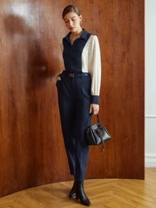 MOTF PREMIUM Women Suit Pants Túi Dây kéo màu trơn - Màu xanh hải quân - Xem 4