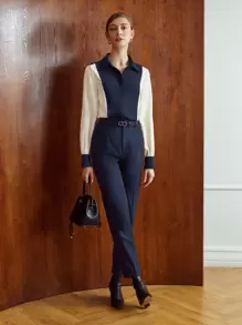 MOTF PREMIUM Women Suit Pants Túi Dây kéo màu trơn - Màu xanh hải quân - Xem 8