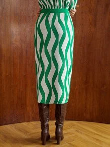 MOTF PREMIUM WOOL-MIX WAVE PATTERN KNIT SKIRT - Green - View 3