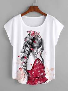 SHEIN LUNE 人像圖案蝙蝠袖T恤 - 白色 - 查看 1