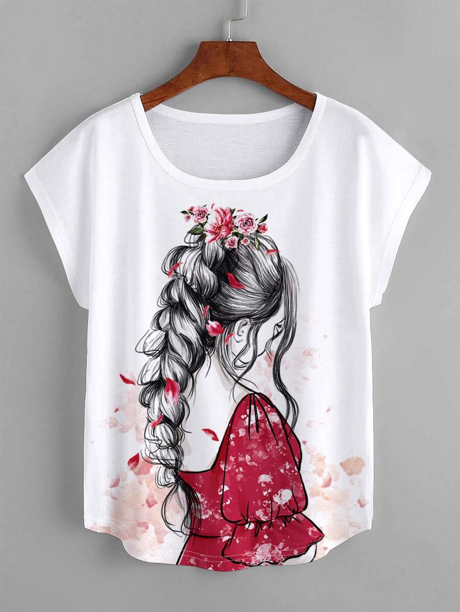 SHEIN LUNE 人像圖案蝙蝠袖T恤 - 白色 - 查看 1