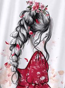 SHEIN LUNE 人像圖案蝙蝠袖T恤 - 白色 - 查看 3