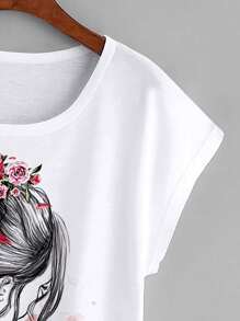 SHEIN LUNE 人像圖案蝙蝠袖T恤 - 白色 - 查看 4