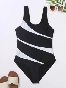 Swim Lushoire Summer Beach Color Block One Piece Swimsuit - Black and White - View 4
