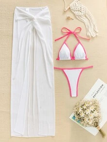 Contrast Binding Halter Triangle Summer Beach Bikini Set With Beach Skirt
