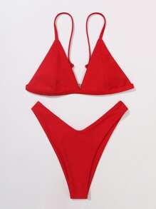 SHEIN Swim Bộ bikini cắt cao tam giác đồng bằng đi biển mùa hè - Đỏ - Xem 4