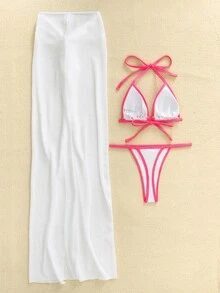 Contrast Binding Halter Triangle Summer Beach Bikini Set With Beach Skirt