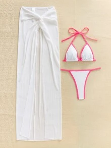 Contrast Binding Halter Triangle Summer Beach Bikini Set With Beach Skirt