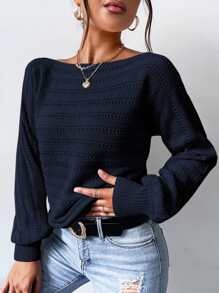 Chiquease Batwing Sleeve Pointelle Knit Jumper - Navy Blue - View 1