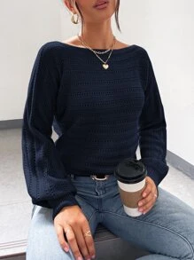 Chiquease Batwing Sleeve Pointelle Knit Jumper - Navy Blue - View 3