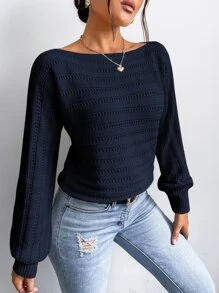 Chiquease Batwing Sleeve Pointelle Knit Jumper - Navy Blue - View 6