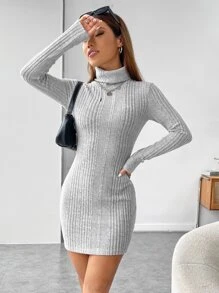 SHEIN EZwear Vestido ajustado de cuello cisne tejido de canalé - Gris Claro - Ver 4
