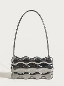 Lightweight,Business Casual Metallic Scallop Detail Novelty Bag For Teen Girls Women College Students,Rookies & White-Collar Workers Perfect For Office,College,Work,Business,Commute,Outdoors,Travel,Outings, Funky, Punk & Bag For Street Wear - Silver - View 5