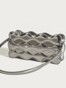 Lightweight,Business Casual Metallic Scallop Detail Novelty Bag For Teen Girls Women College Students,Rookies & White-Collar Workers Perfect For Office,College,Work,Business,Commute,Outdoors,Travel,Outings, Funky, Punk & Bag For Street Wear - Silver - View 9