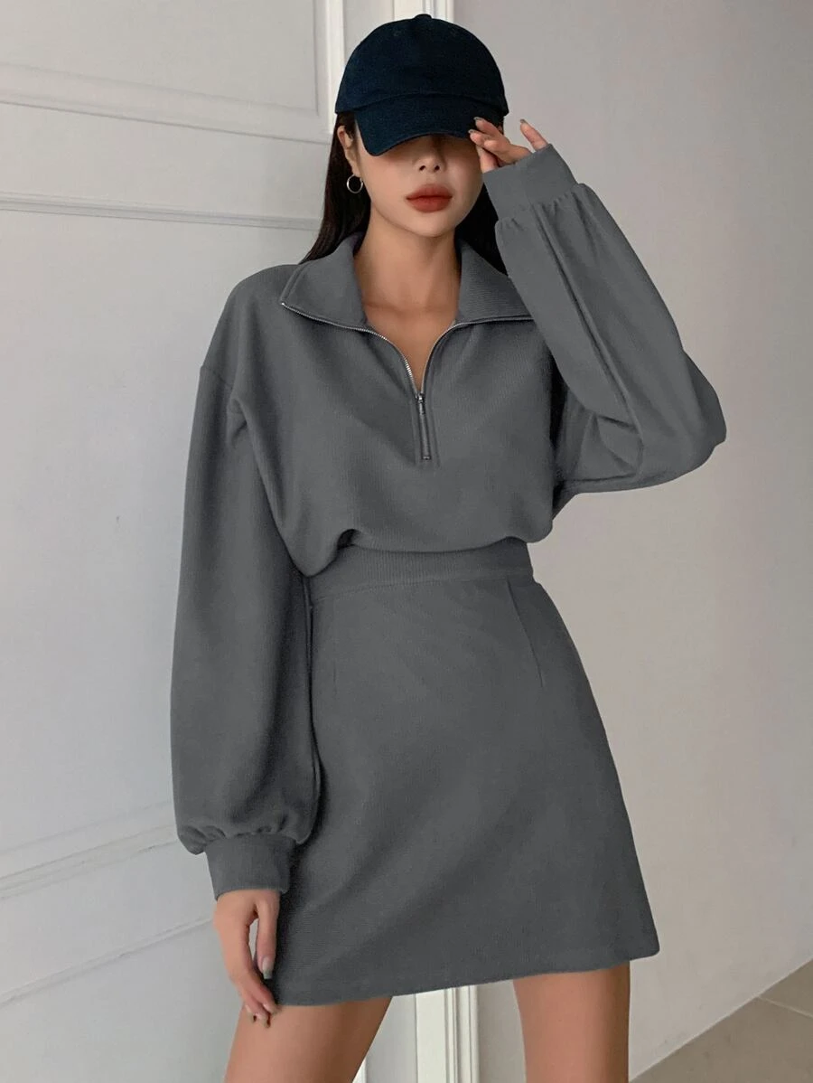 DAZY Half Zip Drop Shoulder Sweatshirt & Skirt - Dark Grey - View 1