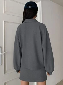 DAZY Half Zip Drop Shoulder Sweatshirt & Skirt - Dark Grey - View 2