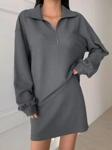 DAZY Half Zip Drop Shoulder Sweatshirt & Skirt - Dark Grey - View 3