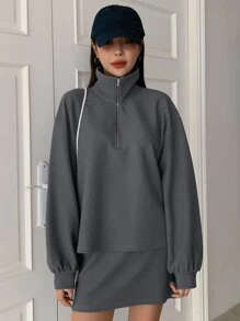 DAZY Half Zip Drop Shoulder Sweatshirt & Skirt - Dark Grey - View 5
