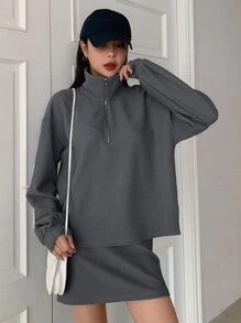 DAZY Half Zip Drop Shoulder Sweatshirt & Skirt - Dark Grey - View 7