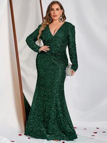 大碼深V領魚尾裙下擺亮片正式連衣裙 - 墨綠色 - 查看 1