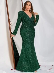 大碼深V領魚尾裙下擺亮片正式連衣裙 - 墨綠色 - 查看 6