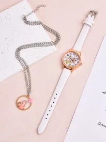1入組兒童貓印花錶盤石英表和1入組項鍊 - 粉色 - 查看 2