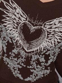 Camiseta crop grunge con estampado de corazón y ala tejido de canalé - Café integral - Ver 3