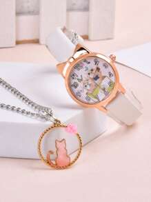 1入組兒童貓印花錶盤石英表和1入組項鍊 - 粉色 - 查看 4