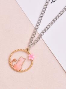 1入組兒童貓印花錶盤石英表和1入組項鍊 - 粉色 - 查看 5