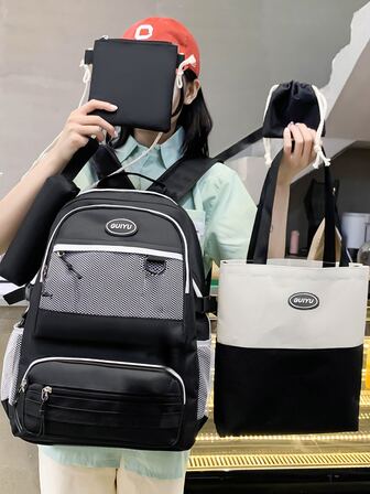 5 piezas Set de mochila funcional con diseño de parche de letra