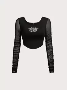 Liamashurst Graphic Print Contrast Mesh Ruched Sleeve Crop Top - Black - View 1
