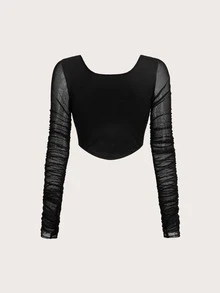 Liamashurst Graphic Print Contrast Mesh Ruched Sleeve Crop Top - Black - View 2